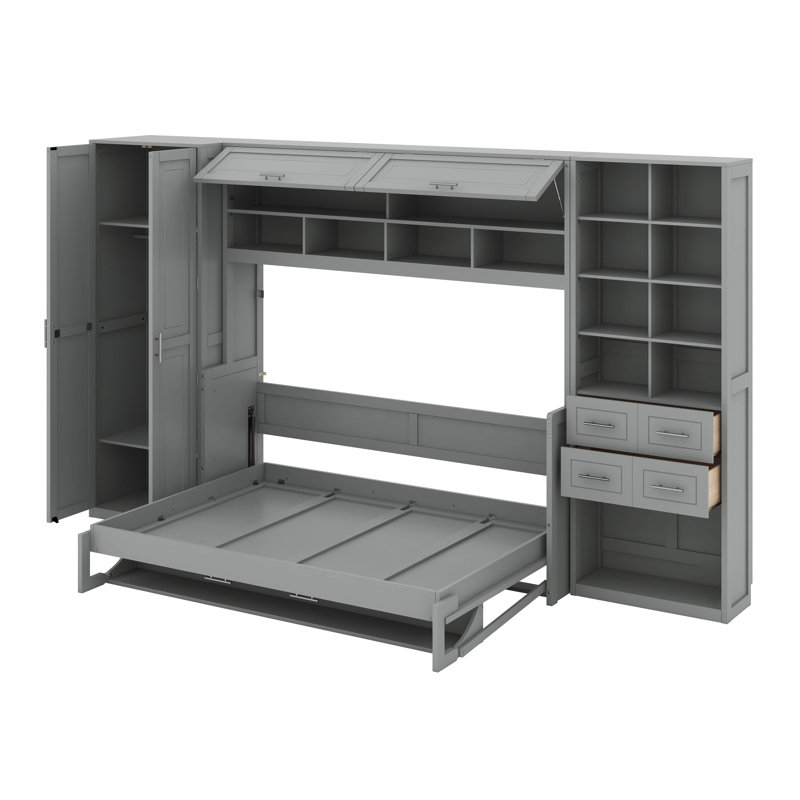 Grand lit escamotable avec placard, tiroirs et tablettes, Gris