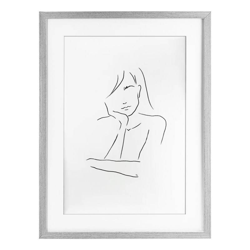 Triste femme, dessin au trait encadré sous verre, design par Martina Pavlova, H 20 po x l 14 po, Cadre de ferme gris