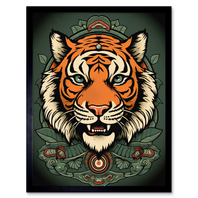 Aariona Regal Tiger Head Old School USA Tattoo Ink Body Rockabilly Americana 1 Piece Single Picture Frame Wall Art