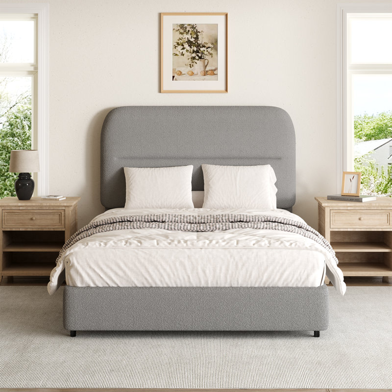 Base de lit plateforme Manfrid, collection Cloud avec revêtement Boucle et tête de lit arrondie, pied de lit épaissi, Gris