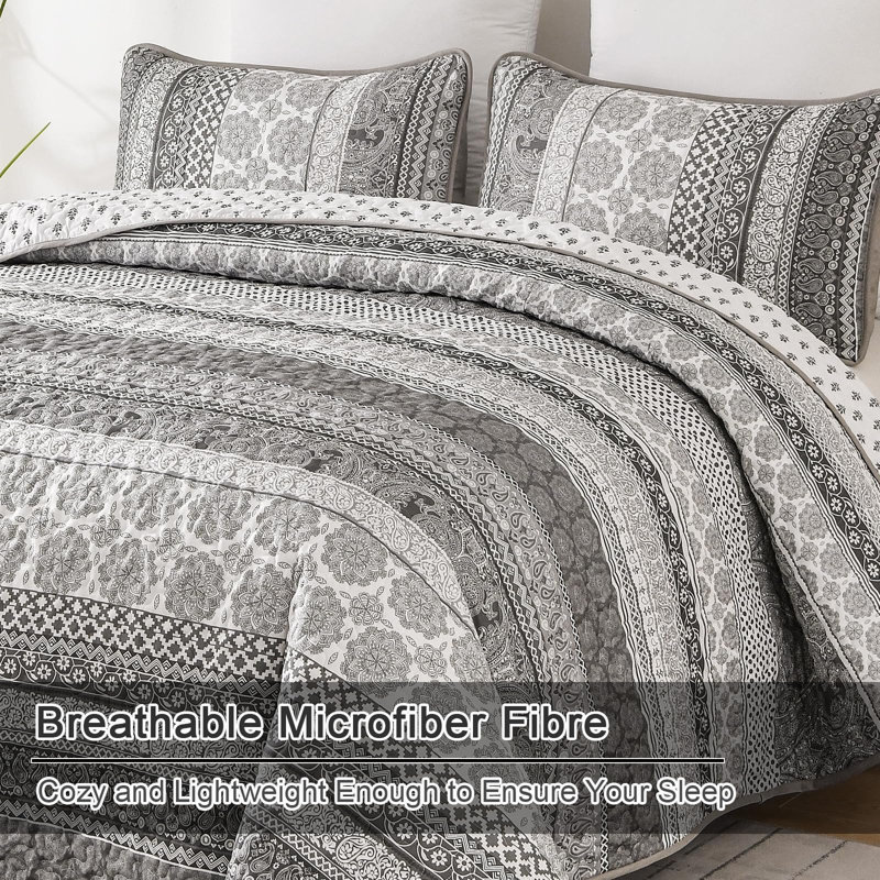Ensemble de courtepointe 3 pièces Boho, Courtepointe pour lit grand + deux taies décorati, Gris