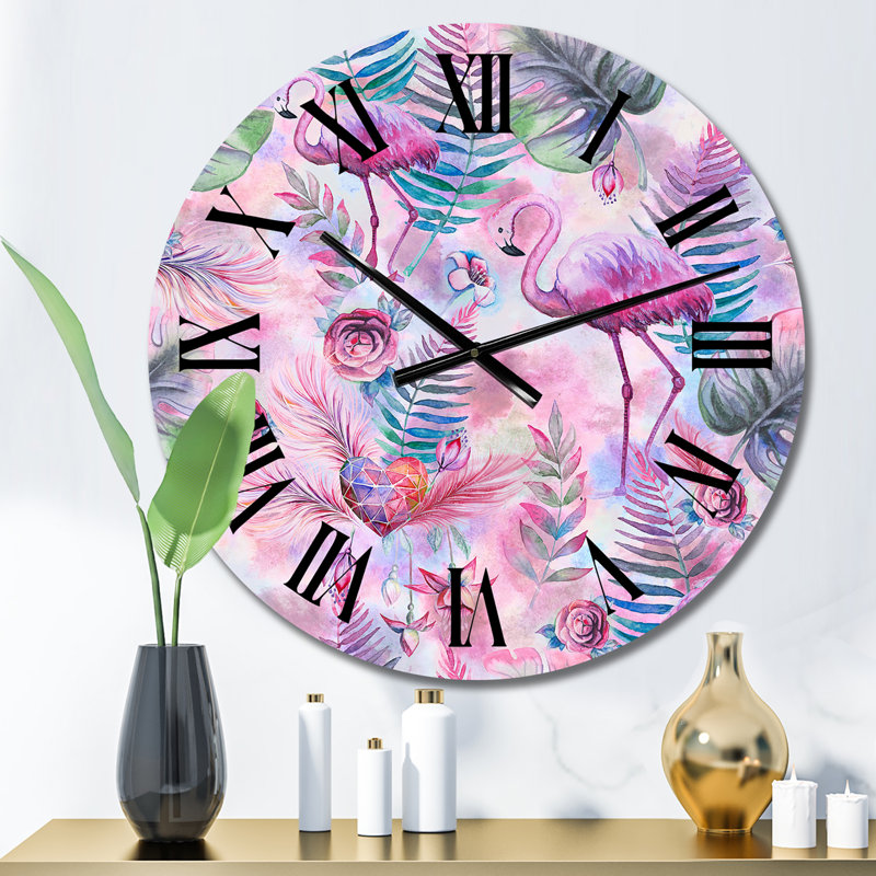 Flamants roses avec feuilles de palmier - Horloge murale à motifs, Petit