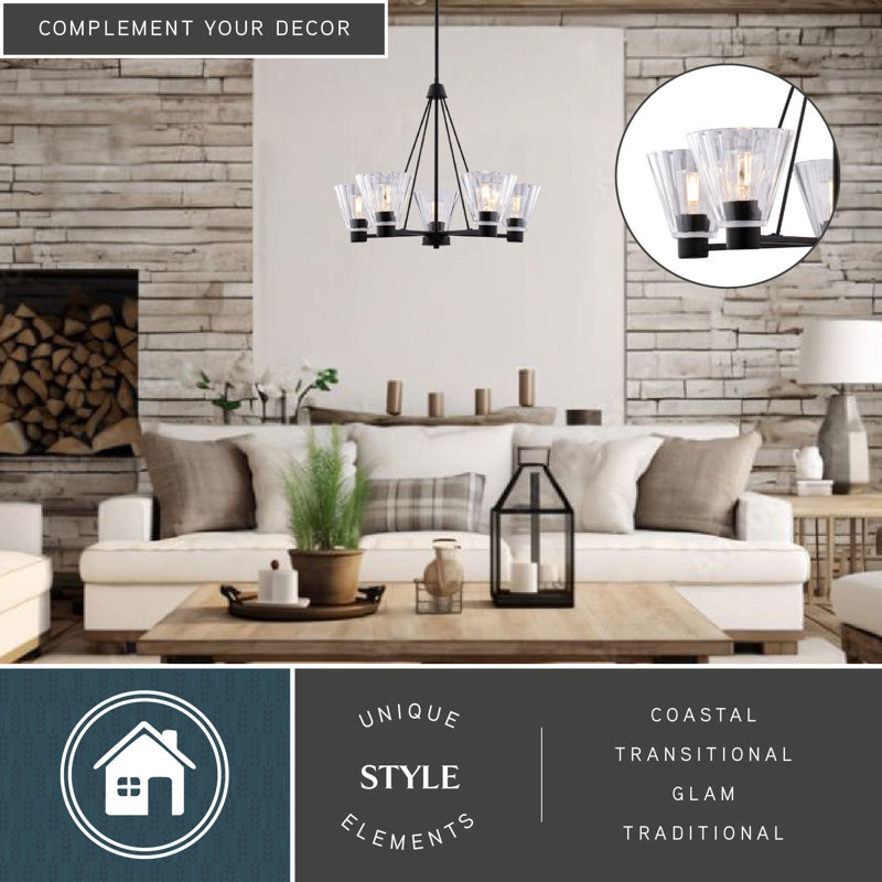 Dalton 5-Light 25.5 In. Wide Matte Black Transitional Round Chandelier With Clear Ribbed Glass Shade, LED Compatible, Adjustable Height, Hanging Ceiling Pendant Fixture For Dining Table Kitchen Entryway Bedroom Island Foyer