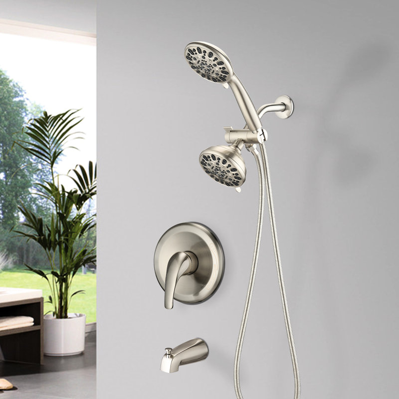 Brushed Nickel Tub Spout Shower System - High 2 In 1 Valve Faucet. 7 Spray Modes For A Relaxing Shower. Wall Mounted With To Enjoy Finish