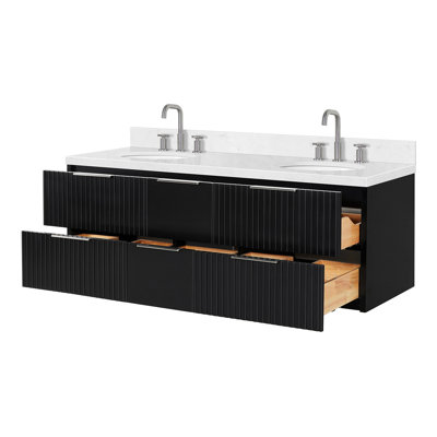 Mulloy 60 Inch Wall-Mounted Double Oval Vanity Bathroom Vanity with Carrara White Quartz Countertop 1.5 Inch in Black