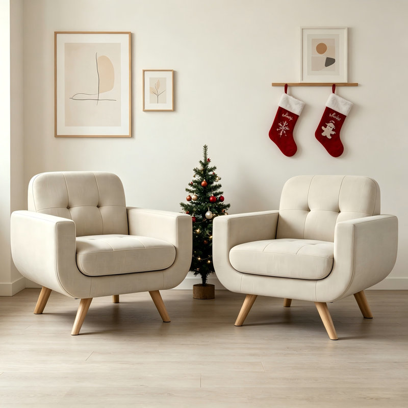 Chaise d'appoint moderne à haut dossier, tissu en lin rembourré avec pieds en bois massif - Fauteuil de lecture confortable pour le salon