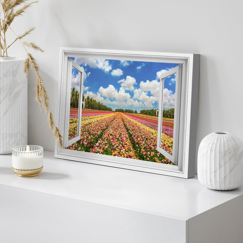 Fenêtre «Paysages de tulipes aux Pays-Bas, jardin de tulipes, ferme, images de nature, décor, paysage rustique» sur
