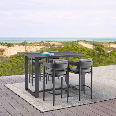 Elza Outdoor Patio 5-Piece Bar Table Set In Aluminum With Grey Cushions