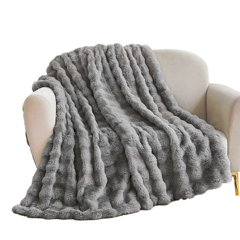 Jeté de couleur unie en fausse fourrure de lapin de couleur unie pour canapé et lit, gris, 60 po x 70 po., Gris, Lit simple