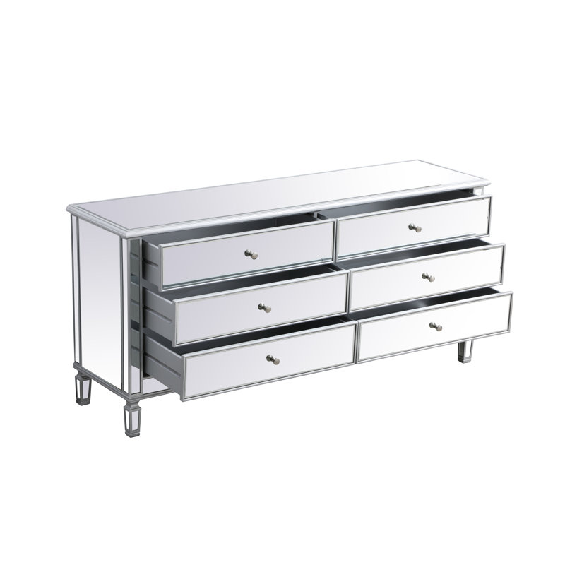 Brixton 72" W 6-Drawer Mirrored Double Dresser, Silver