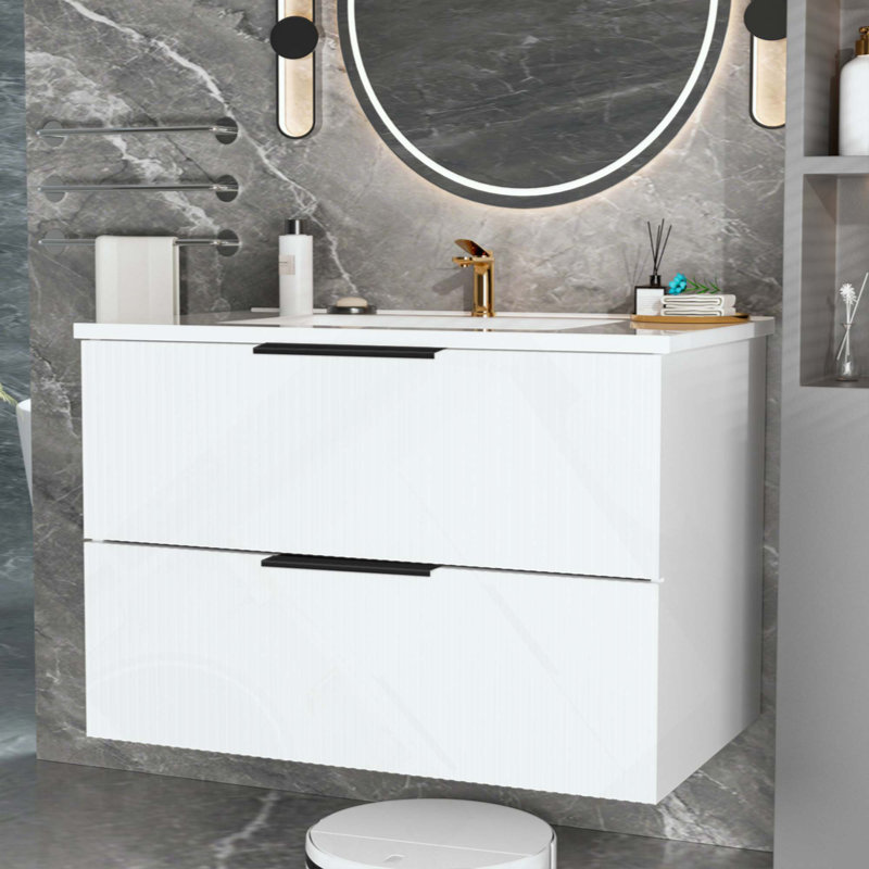Meuble-lavabo de salle de bain avec lavabo en céramique mural et cannelé avec tiroirs, moderne, 36"