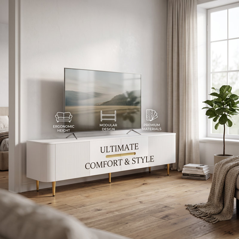Meuble télé minimaliste pour téléviseurs jusqu'à 85 pouces, console multimédia moderne avec 4 grands placards de rangement, design aux angles arrondis, gestion des câbles intégrée, construction robuste, multifonctionnel pour le salon, la chambre et la salle à manger.