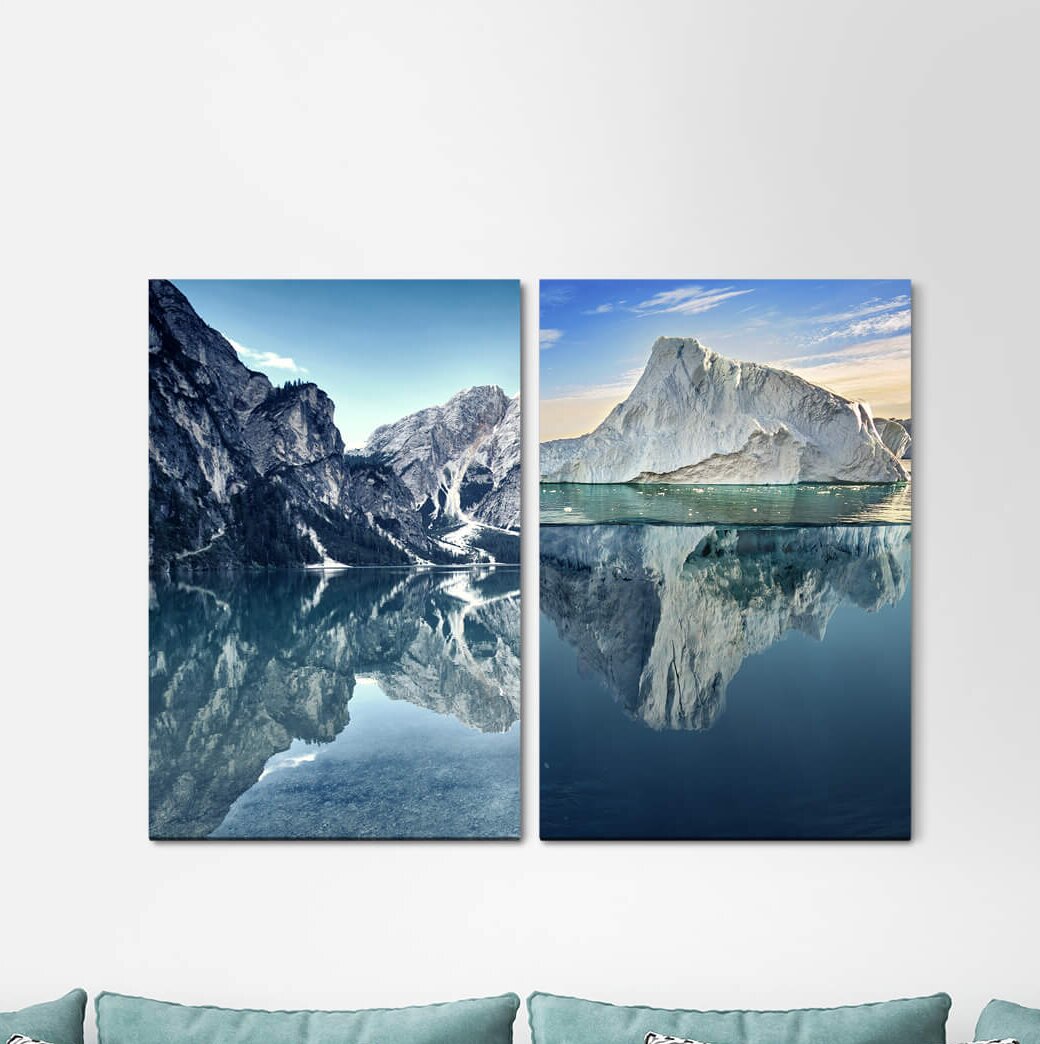 2-tlg. Leinwandbilder-Set - Grafikdruck "Berge Natur Tannenwald Winter Schnee Alaska Peace"