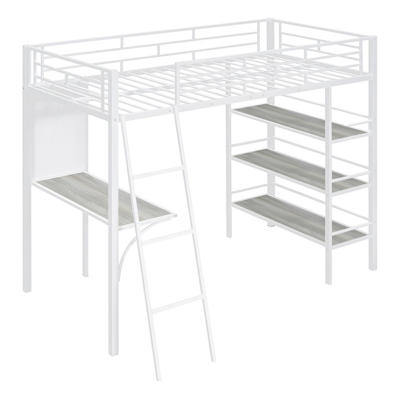 Lit mezzanine élégant en métal avec de multiples fonctionnalités, Blanc