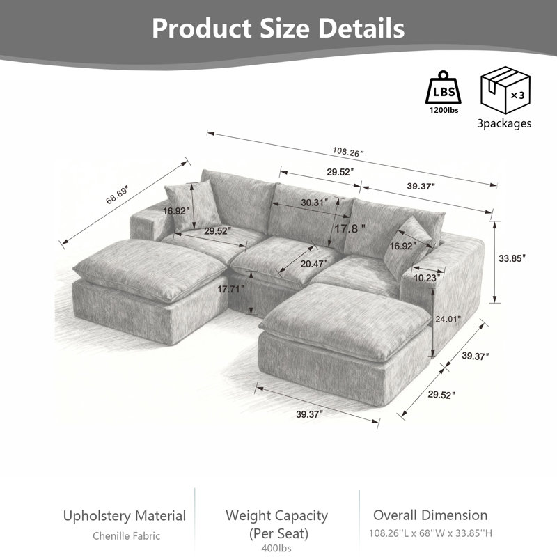Canapé modulaire en U avec 2 repose-pieds, canapé en chenille 5 places librement combinable pour le salon, l’appartement et le bureau, mousse haute densité et confort printanier