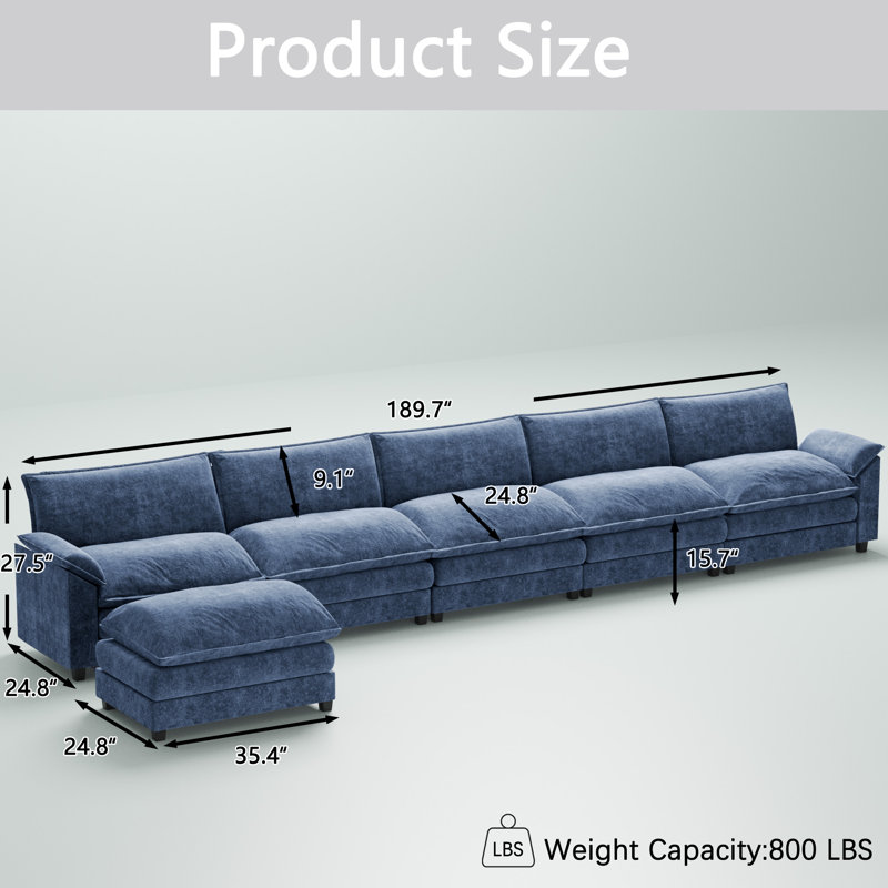 Wynter 6-Piece 189.7" Upholstered Chenille L-Shape Sectional, Blue Chenille