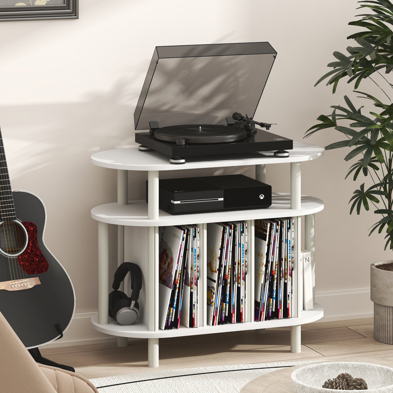 Support pour platine vinyle JAYA avec rangement intégré, pouvant contenir jusqu'à 180 à 185 disques vinyles, idéal pour le salon ou la chambre à coucher, blanc.
