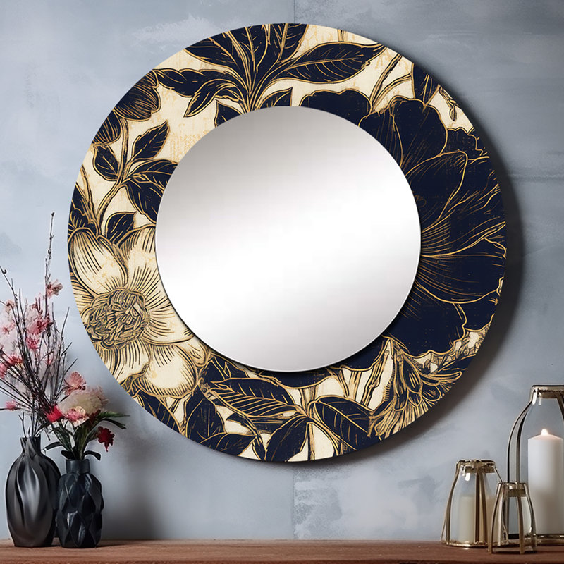 Patrenia - Or bleu avec œillets II - grand miroir, miroir mural décoratif rond traditionnel, impression sur métal
