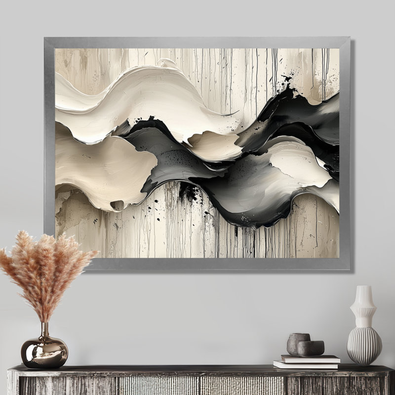 Gris sur fond blanc l'encre rythmique de la rivière Ink II - vagues modernes abstraites, H 34 po x l 44 po