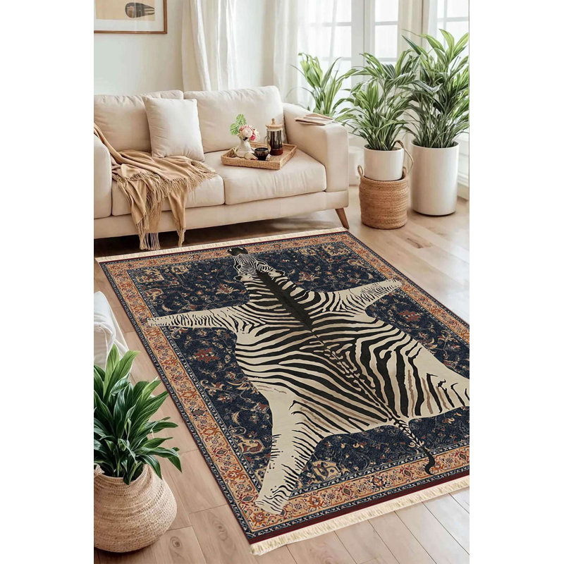 Navy Traditional Print Zebra Pelt Area Rug