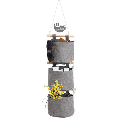Paquet de 1 sac de rangement mural, organisateur de tissu au-dessus de la porte avec 3 pochettes, mini sac de rangement en toile de lin en lin
