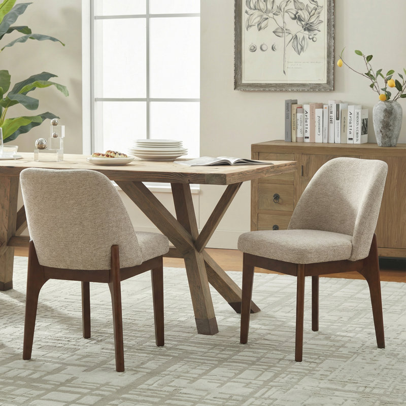  Bason 19.5" High Polyester Upholstered Dining Chairs with Solid Wood Legs, Brown