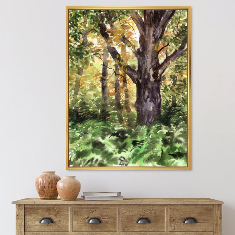 Grand arbre dans la forêt d'automne - Peinture sur toile, H 20 po x l 12 po x p 1 po, Toile encadrée d'or