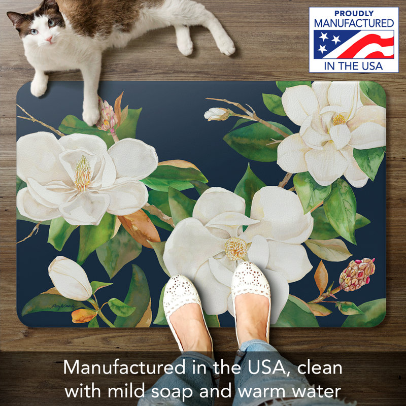 Magnolia Motif Navy and White Vinyl Comfort Kitchen Floor Mat