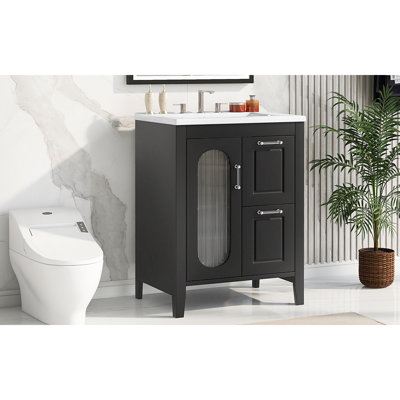 Meuble-lavabo 24 po avec lavabo, meuble-lavabo avec deux tiroirs et porte, tablette réglable, bois massif et panneau de fibres à densité moyenne