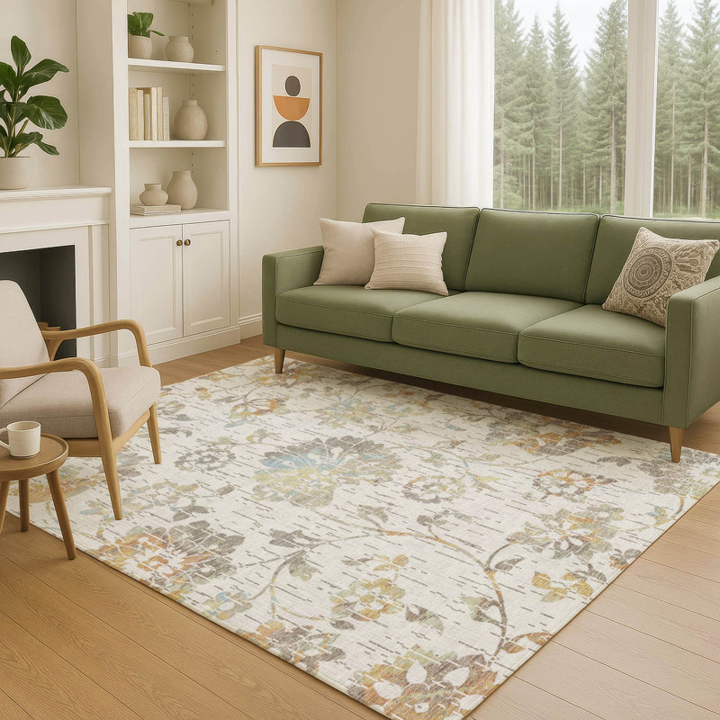 Machine Washable Indoor/Outdoor Chantille ACN2616 Floral Rug, Ivory, 5' x 7'6"
