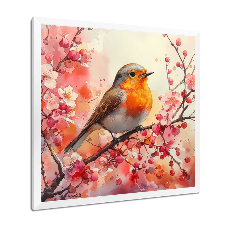 Oiseau rouge-gorge Robin, H 36 po x l 36 po, Reproduction encadrée d'une seule photo, Blanc