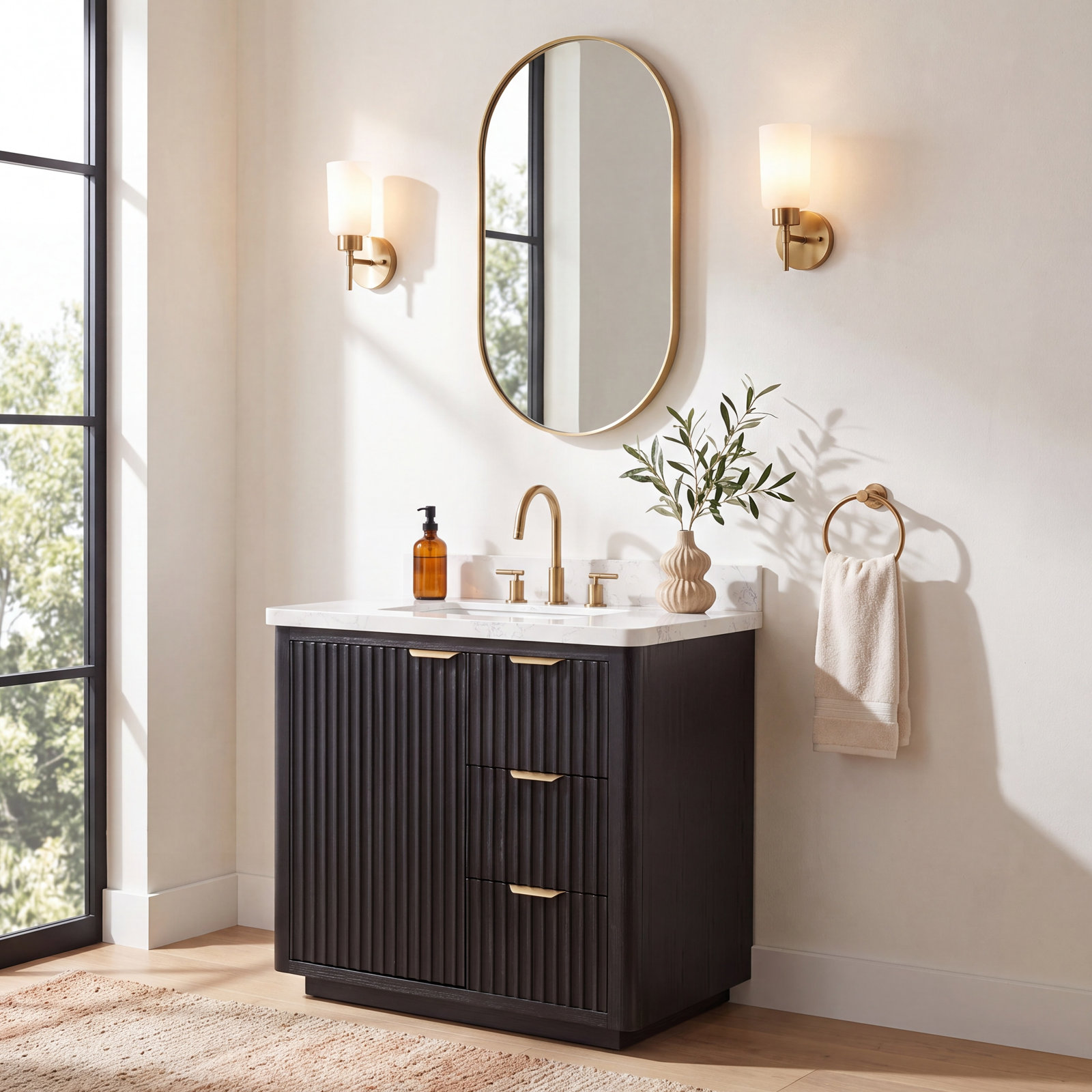 Adela 36'' Single Bathroom Vanity, Black, White, Gold