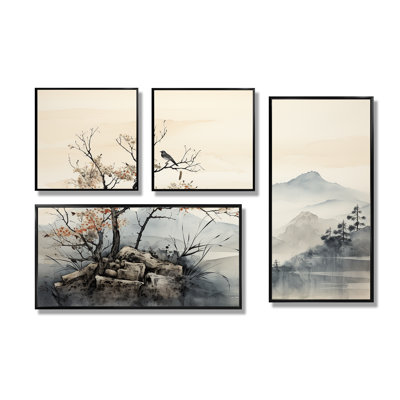 Art asiatique, oiseau Sumi, sérénité, décoration murale mondiale, 4 pièces