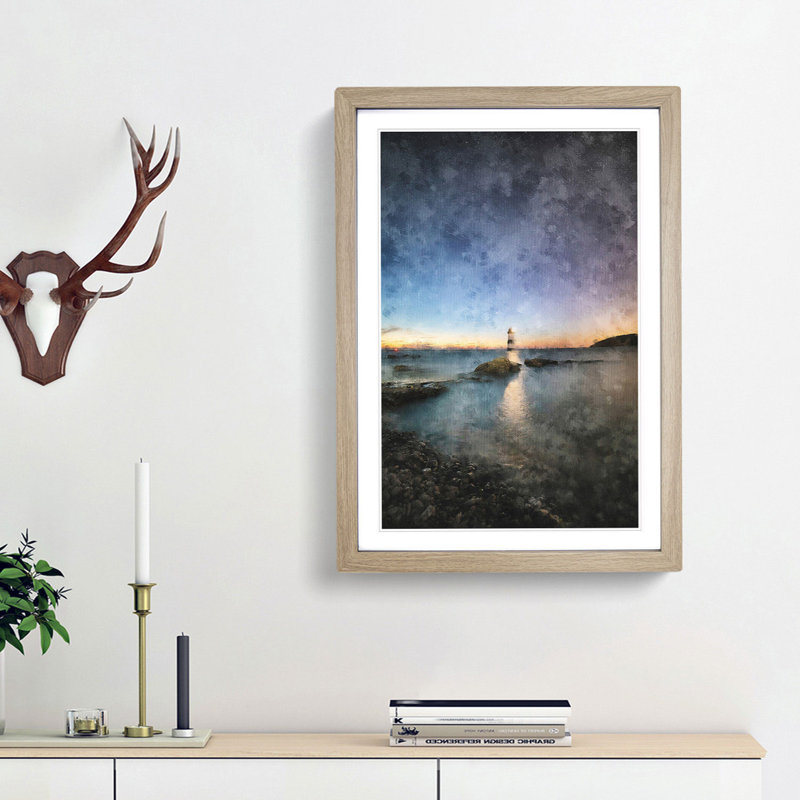 Penmon Lighthouse in Anglesey Wales - Picture Frame Graphic Art Print, 63cm H x 45cm W x 2cm D, Oak Framed
