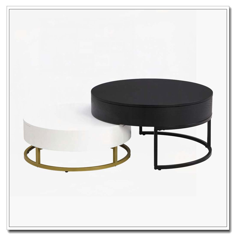Tables basses gigognes rondes avec 2 tiroirs, Blanc/Noir
