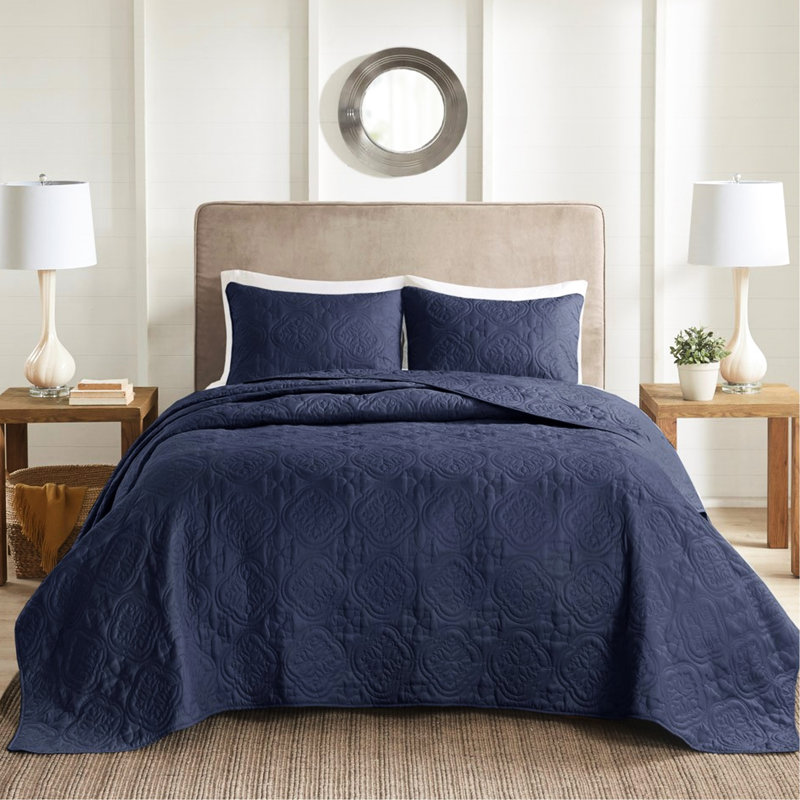 Ensemble de couvre-lit 3 pièces double / grand bleu marine - Microfibre et rembourrage, motif médaillon, lavable à la machine, style hongrois