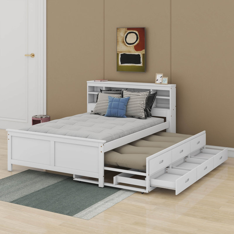 Lit plateforme double avec tête de lit de rangement, lit gigogne, port USB et tiroirs, Blanc