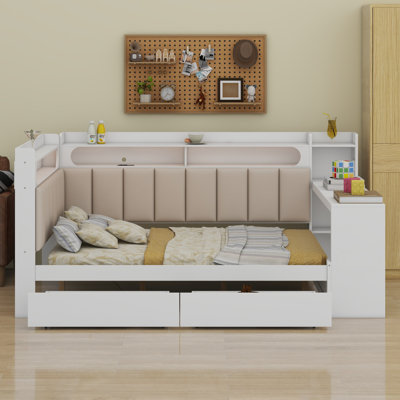 Daybed With Storage Shelves,Drawers,Charging Station,LED Light,Desk And Upholstered Headboard And Backrest