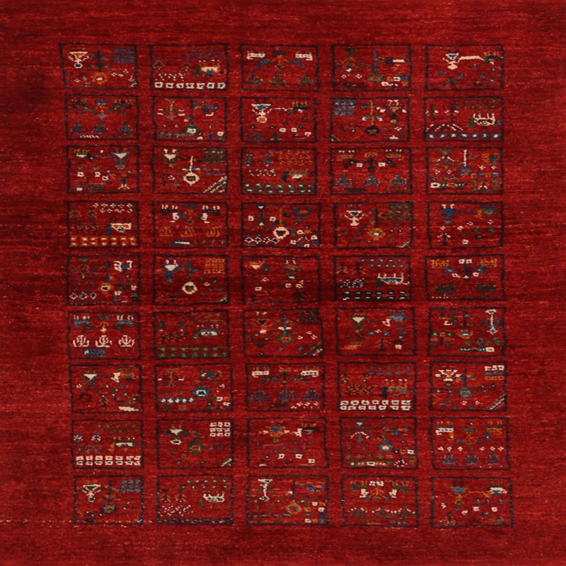 Tapis de zone rouge/brun/crème contemporaine, Carré 3 pi
