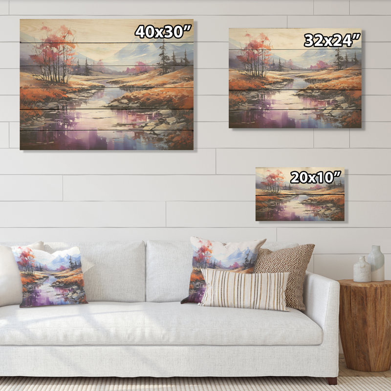 Alcohol Ink River Tranquility I - Countryside Wood Wall Art On Natural Pine Wood, 10" H x 20" W
