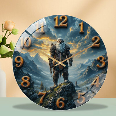 Fantasy Themed Clock Mountain Warrior Design Art - 12'' Modern Glass Wall Clock