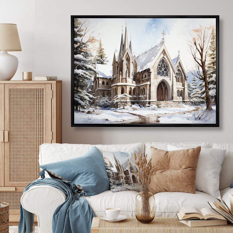 Chapelle de mariage blanche, aquarelle d'hiver rustique, H 30 po x l 40 po x P 1,5 po, Cadre flottant noir