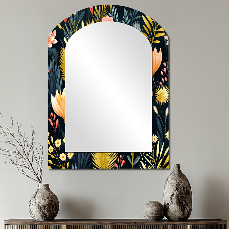 Motif côtier Vibrant Coastal Botanics - miroir asymétrique floral, miroir mural unique arche rose, impression d'art en métal