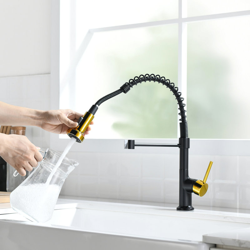 Élégant robinet de cuisine noir et doré avec bec rétractable - ajoute une touche d'élégance à votre robinet en céramique