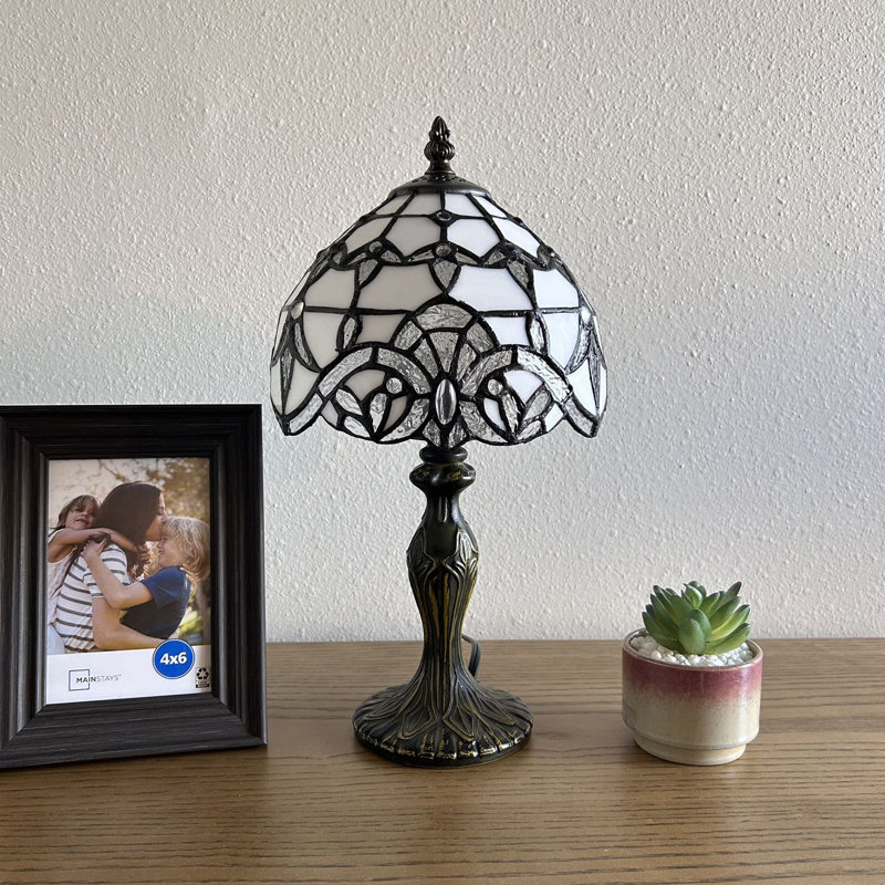 White Stained Glass Baroque Style Mini Table Lamp with Bronze Base