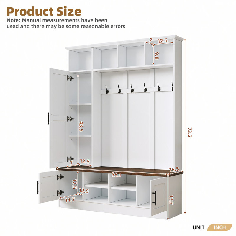 Versatile 3-in-1 Hall Tree with 6 Hooks, Farmhouse Walnut Storage Bench with Adjustable Shelves, 55"W Modern Entryway Coat Rack with Multiple Storage Space for Mudroom, Living Room