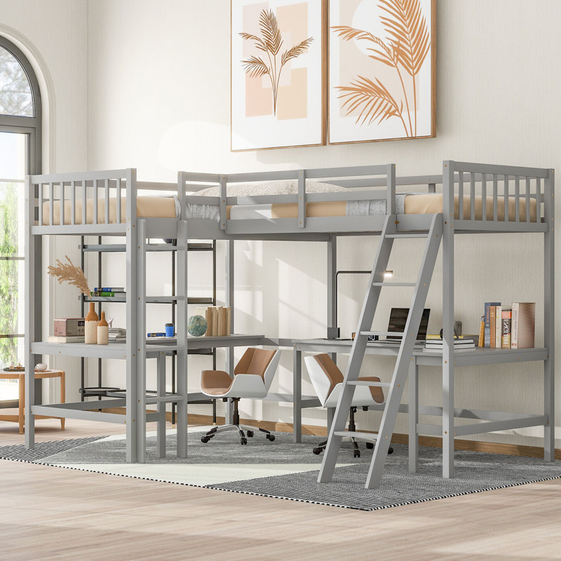 Wood Twin Size L-Shaped Loft Bed with Ladder and 2 Built-in L-Shaped Desks, Grey