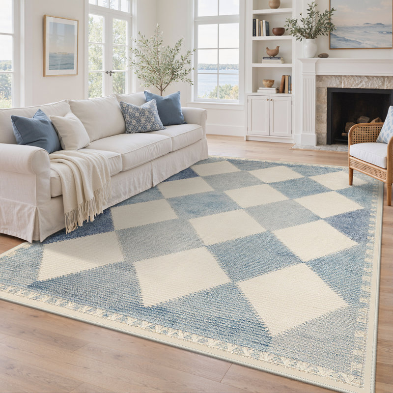 Tapis intérieur bleu / beige lavable à la machine Teshayla, Beige/ Blue, Rectangulaire 8 pi x 10 pi