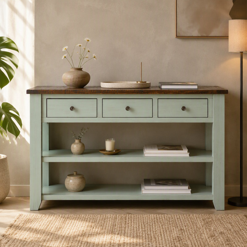 Console en pin massif de 122 cm (48 po) avec 3 tiroirs et 2 tablettes, montage facile, plateau bleu et marron rétro