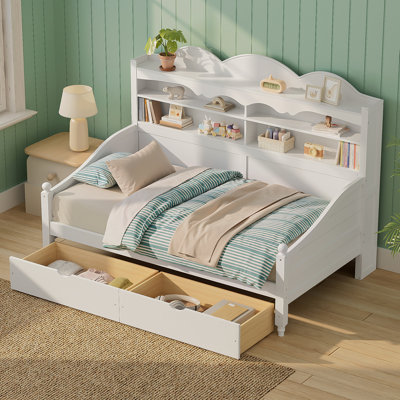 Lit de jour simple avec tiroirs de rangement, lit de jour simple en bois avec tablette de rangement, lit de jour de style rétro pour chambre à coucher, salon, chambre d'amis, aucun sommier nécessaire, assemblage facile, blanc